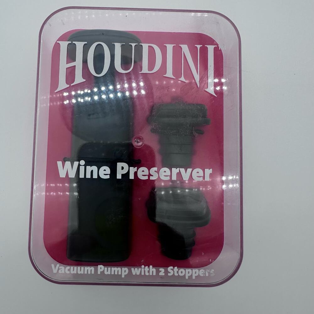 Vtg Houdini Wine Preserver Vacuum Pump w/2 Stoppers Orig Open Box Red and Black